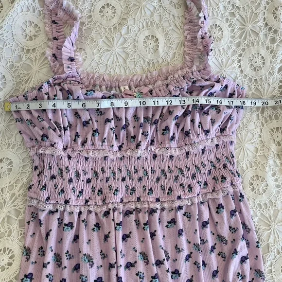 For Love and Lemons Lola Pointelle Dress purple ditsy floral baby doll dress - Picture 8 of 9